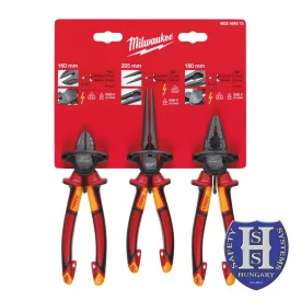   Milwaukee VDE fogó készlet 3 részes - oldalcsípőfogó 160 mm, hosszúcsőrű kerek fogó 205 mm, kombinált fogó 180 mm