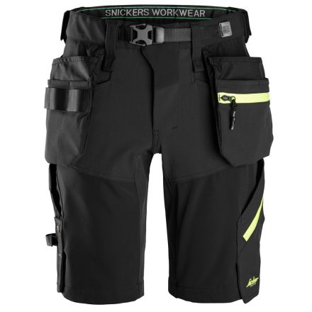 6140 Snickers FlexiWork Softshell stretch lengőzsebes rövidnadrág, fekete/neon sárga, 44